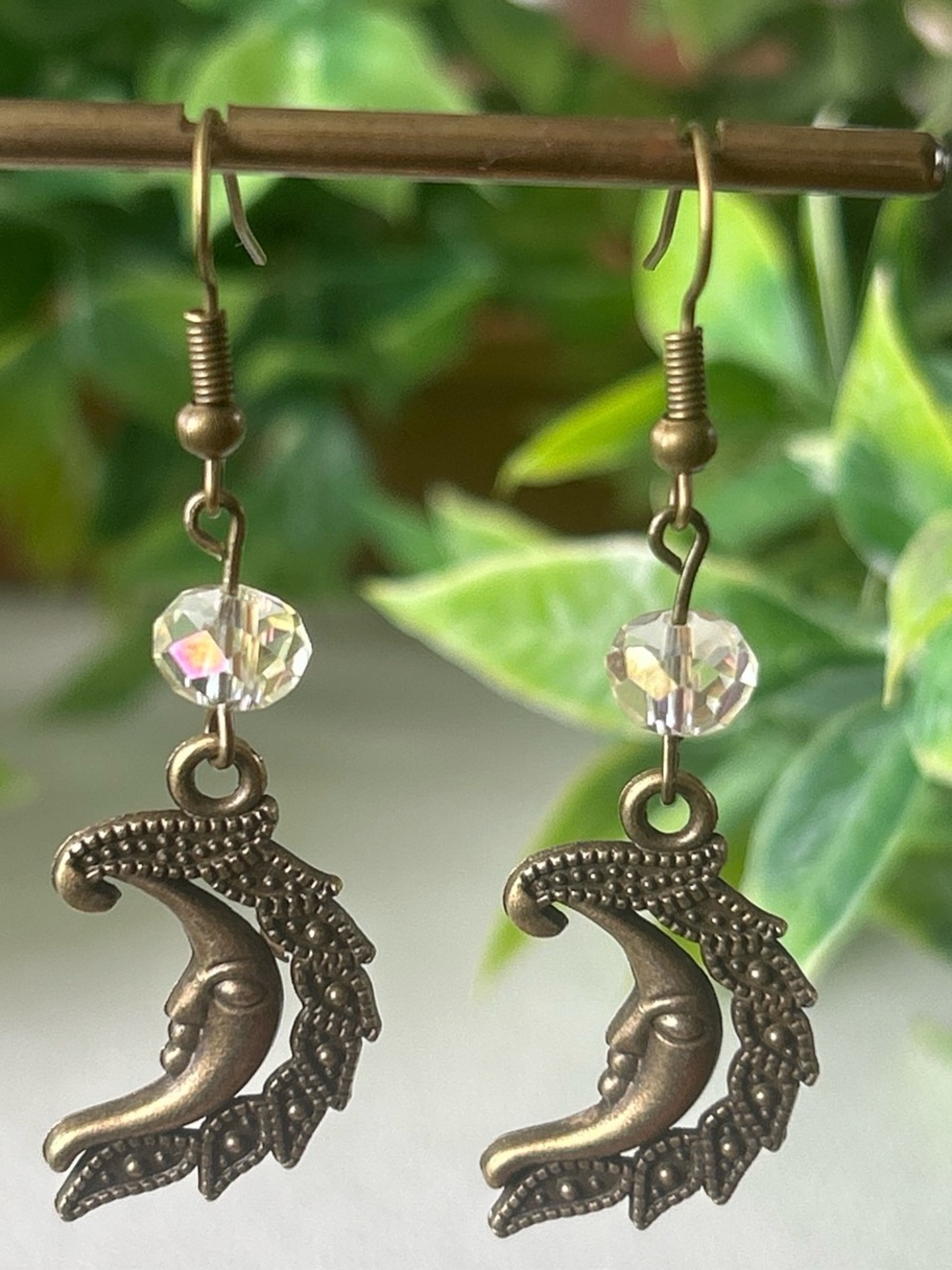 Handmade brass moon earrings with crystals